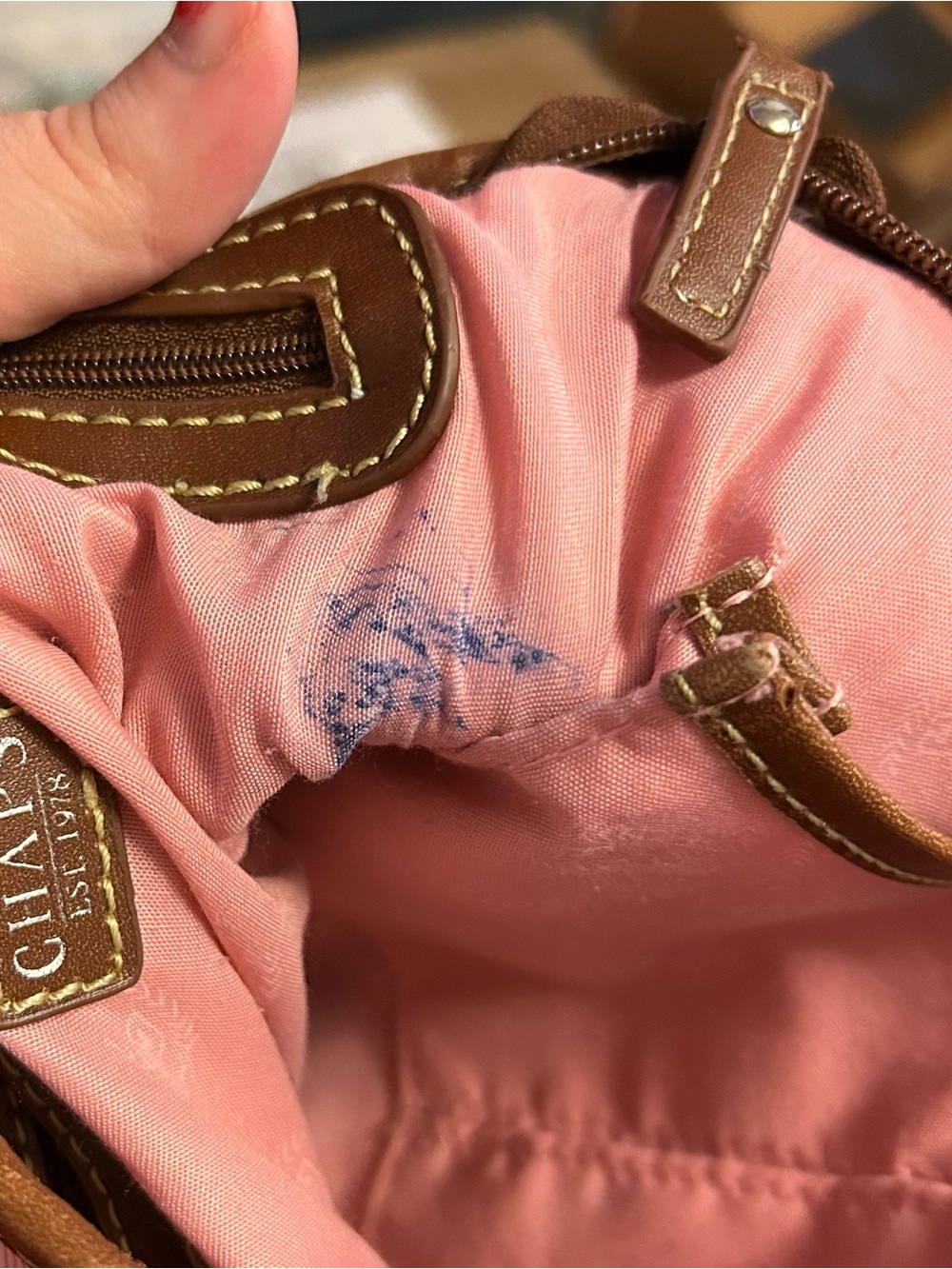 Chaps Pink Jacquard Crossbody with Brown Leather Trim and Navy-Striped Strap - Picture 5 of 7